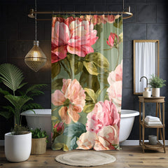 Pink Rose Floral Shower Curtain, Vintage Style Garden Bloom, Oversized Botanical Flower Print, Nature-Inspired Bathroom Curtain, 71x74