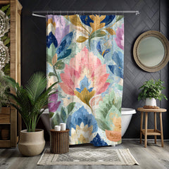 Boho Woven Floral Shower Curtain, Watercolor Flower Textile Style 71x74, Vintage Botanical Bathroom Art, Colorful Cottagecore Bath Decor