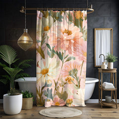 Peach Wildflower Shower Curtain, Summer Garden Floral Bathroom Decor, Pastel Boho Botanical Curtain, Nature-Inspired Bathroom Curtain 71x74