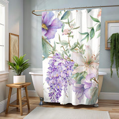 Floral Shower Curtain, Purple Wildflower Botanical Art, Watercolor Garden Blooms Fabric Bath Curtain 71x74, Wisteria Shower Curtain