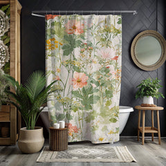 Wildflower Garden Shower Curtain, Field Floral Bath Curtain, Botanical Meadow Print Bathroom Decor, Soft Nature Patterned Curtain 71x74