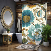 Teal Gold Floral Shower Curtain, Large Botanical Flower Bath Curtain, Vintage Style Bloom Print, Artistic Bathroom Decor, 71x74 Curtain