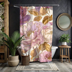 Blush Gold Peony Shower Curtain, Romantic Floral Bathroom Decor, Vintage Pink Flower Art Curtain, Elegant Botanical Bath Accent 71x74