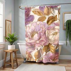 Blush Gold Peony Shower Curtain, Romantic Floral Bathroom Decor, Vintage Pink Flower Art Curtain, Elegant Botanical Bath Accent 71x74