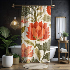 Bold Floral Shower Curtain, Red Orange Vintage Bloom Bathroom Art, Botanical Curtain 71x74, Autumn Inspired Retro Flower Print