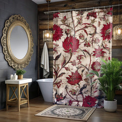 Vintage Red Floral Shower Curtain, Antique Botanical Style Bathroom Curtain 71x74, Rustic Tapestry Look Shower Art, Distressed Bloom Print