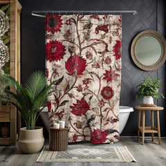 Vintage Red Floral Shower Curtain, Antique Botanical Style Bathroom Curtain 71x74, Rustic Tapestry Look Shower Art, Distressed Bloom Print