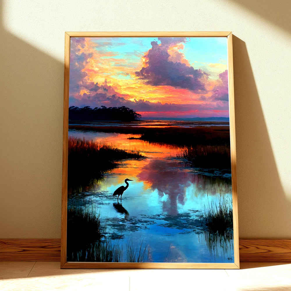 Heron at Marsh Sunset Wall Art, Peaceful Landscape Canvas, Coastal Wetland Nature Decor, Elegant Home Accent, Gift for Nature Lovers