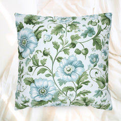 Pale Blue and Green Floral Pillow, Vintage Botanical Cushion Cover, Elegant Garden Bloom Throw Pillow, Soft Nature-Inspired Decor