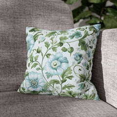 Pale Blue and Green Floral Pillow, Vintage Botanical Cushion Cover, Elegant Garden Bloom Throw Pillow, Soft Nature-Inspired Decor