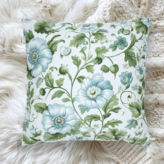 Pale Blue and Green Floral Pillow, Vintage Botanical Cushion Cover, Elegant Garden Bloom Throw Pillow, Soft Nature-Inspired Decor