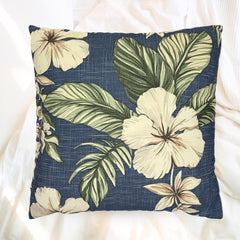 Navy Tropical Floral Pillow, Cream Hibiscus Cushion Cover, Coastal Botanical Throw Pillow, Island Leaf Decor, Jungle-Inspired Home Accent