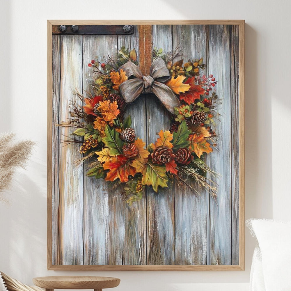 Autumn Wreath Wall Art, Rustic Fall Canvas Print, Framed Canvas Botanical Decor, Vintage-Inspired Accent, Nature-Inspired Seasonal Home