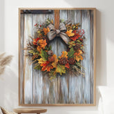 Autumn Wreath Wall Art, Rustic Fall Canvas Print, Framed Canvas Botanical Decor, Vintage-Inspired Accent, Nature-Inspired Seasonal Home