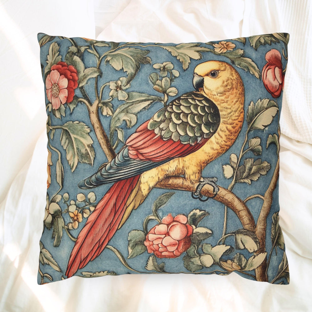 Vintage Parrot Pillow, William Morris Inspired Accent, Botanical Bird Cushion Cover, Whimsical Floral Throw Pillow, Rustic Nature Decor