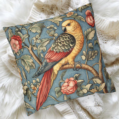 Vintage Parrot Pillow, William Morris Inspired Accent, Botanical Bird Cushion Cover, Whimsical Floral Throw Pillow, Rustic Nature Decor