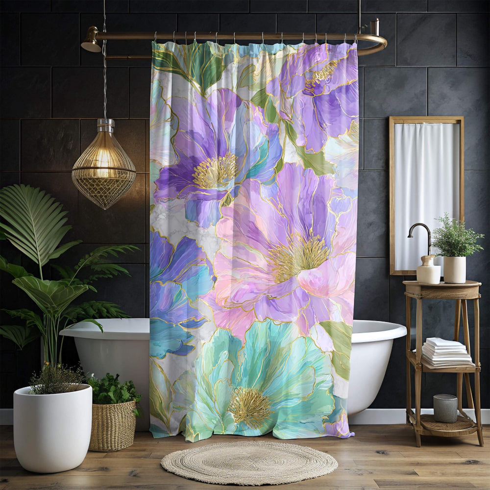 Pastel Floral Shower Curtain, Watercolor Peony with Gold Accents, Bold Artistic Flower Bathroom Decor, Colorful Botanical Curtain, 71x74