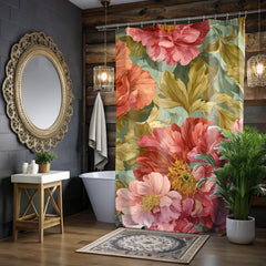 Peony Shower Curtain, Oversized Bloom Print, Olive Leaves Vibrant Botanical Bathroom Decor, Floral Pattern Fabric Curtain, 71x74
