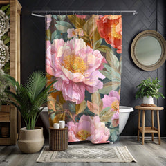 Botanical Flower Shower Curtain, Vintage Style Garden Bloom, Oversized Pink Rose Floral Print, Nature-Inspired Bathroom Curtain, 71x74