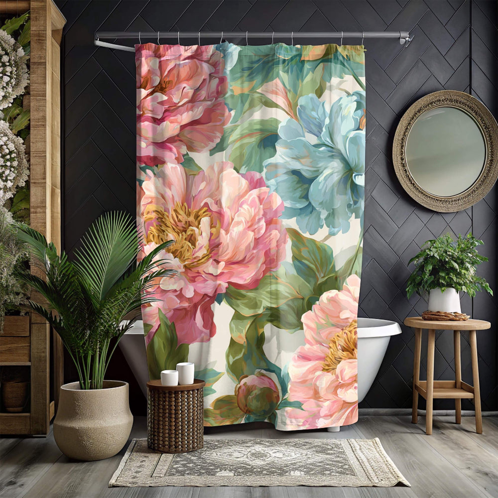 Peony Garden Shower Curtain, Blush Pink and Blue Floral Bathroom Art, Romantic Large Flower Print Curtain for Bath 71x74