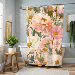 Peach Wildflower Shower Curtain, Summer Garden Floral Bathroom Decor, Pastel Boho Botanical Curtain, Nature-Inspired Bathroom Curtain 71x74