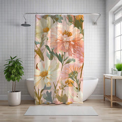 Peach Wildflower Shower Curtain, Summer Garden Floral Bathroom Decor, Pastel Boho Botanical Curtain, Nature-Inspired Bathroom Curtain 71x74