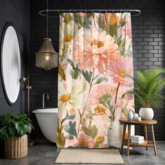 Peach Wildflower Shower Curtain, Summer Garden Floral Bathroom Decor, Pastel Boho Botanical Curtain, Nature-Inspired Bathroom Curtain 71x74