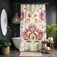 Folk Floral Shower Curtain, Boho Garden Print With Bold Flowers, Colorful Vintage-Inspired Art Fabric Curtain For Bathroom 71x74