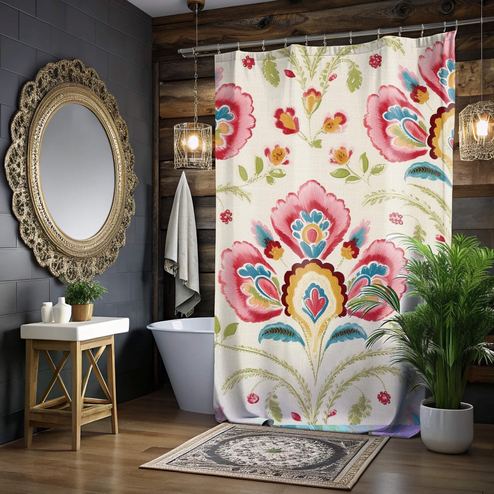 Folk Floral Shower Curtain, Boho Garden Print With Bold Flowers, Colorful Vintage-Inspired Art Fabric Curtain For Bathroom 71x74