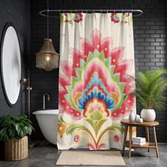 Boho Garden Print Shower Curtain, Folk Floral Decor Bold Flowers Curtain, Colorful Vintage-Inspired Art Fabric Curtain For Bathroom 71x74