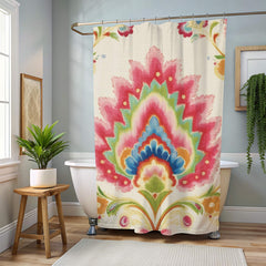 Boho Garden Print Shower Curtain, Folk Floral Decor Bold Flowers Curtain, Colorful Vintage-Inspired Art Fabric Curtain For Bathroom 71x74