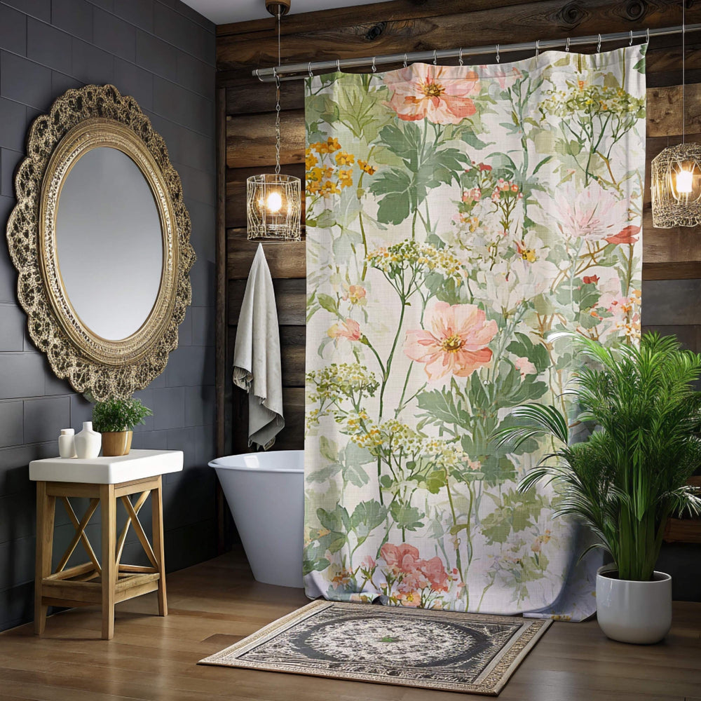 Wildflower Garden Shower Curtain, Field Floral Bath Curtain, Botanical Meadow Print Bathroom Decor, Soft Nature Patterned Curtain 71x74