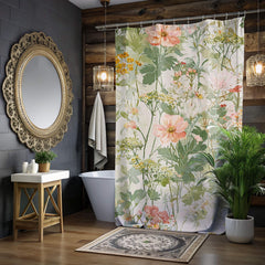 Wildflower Garden Shower Curtain, Field Floral Bath Curtain, Botanical Meadow Print Bathroom Decor, Soft Nature Patterned Curtain 71x74
