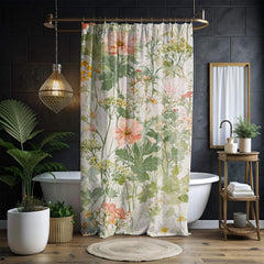 Wildflower Garden Shower Curtain, Field Floral Bath Curtain, Botanical Meadow Print Bathroom Decor, Soft Nature Patterned Curtain 71x74
