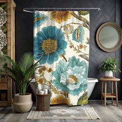 Teal Gold Floral Shower Curtain, Large Botanical Flower Bath Curtain, Vintage Style Bloom Print, Artistic Bathroom Decor, 71x74 Curtain