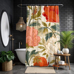 Retro Floral Shower Curtain, Vintage Oversized Bloom Bathroom Curtain 71x74, Warm Cottagecore Botanical Style, Coral Red Flower Bath Decor