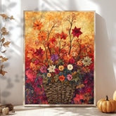 Autumn Basket Floral Wall Art, Wooden Framed Canvas, Colorful Fall Flower Print, Rustic Seasonal Wall Decor, Botanical Harvest Accent