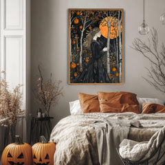 Halloween Goddess Wall Art, William Morris Style Decor, Wooden Framed Canvas, Gothic Pumpkin Forest Print, Autumn Full Moon Home Accent