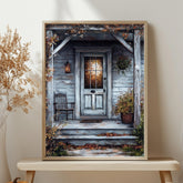 Rustic Autumn Porch Wall Art, Wooden Framed Canvas, Country Farmhouse Fall Print, Cozy Front Door Decor, Vintage Country Home Accent