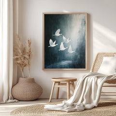 White Swan Wall Art, Wooden Framed Canvas, Minimalist Wildlife Nature Print, Elegant Swan Flock Home Decor, Modern Bird Home Accent