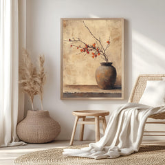 Rustic Vase Wall Art, Wooden Framed Canvas, Minimalist Autumn Branch Print, Neutral Botanical Home Decor, Vintage Still Life Accent