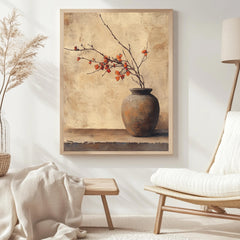 Rustic Vase Wall Art, Wooden Framed Canvas, Minimalist Autumn Branch Print, Neutral Botanical Home Decor, Vintage Still Life Accent