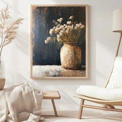 Rustic Flower Vase Wall Art, Wooden Framed Canvas, Neutral Dried Flowers Print, Vintage Botanical Still Life Decor, Country Farmhouse Accent