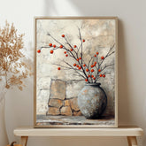 Vintage Stone Vase Wall Art, Wooden Framed Canvas, Rustic Orange Berry Branch Print, Country Farmhouse Decor, Cozy Home Accent