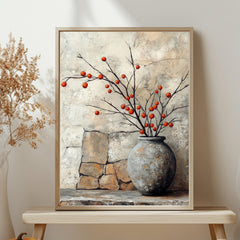 Vintage Stone Vase Wall Art, Wooden Framed Canvas, Rustic Orange Berry Branch Print, Country Farmhouse Decor, Cozy Home Accent
