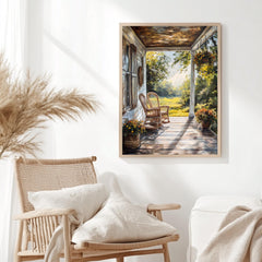 Rustic Porch Wall Art, Wooden Framed Canvas, Rustic Country Wicker Chair Print, Farmhouse Summer Veranda Decor, Cozy Country Home Accent