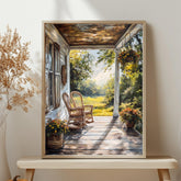 Rustic Porch Wall Art, Wooden Framed Canvas, Rustic Country Wicker Chair Print, Farmhouse Summer Veranda Decor, Cozy Country Home Accent
