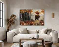 Woman in Autumn Forest Wall Art – Romantic Fall Landscape Painting, Rustic Golden Foliage Home Print, Rustic Fall Decor, Cozy Country Style