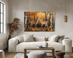 Deer Autumn Forest Wall Art Print, Rustic Woodland Canvas, Wildlife Nature Painting, Rustic Forest Scene, Hunting Lodge Art