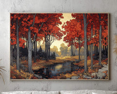 Autumn Red Maple Wall Art Print, Vibrant Fall Woodland Landscape Painting, Forest Stream Home Decor, Rustic Fall Foliage Canvas Art